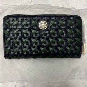 Tory Burch Robinson Wallet Weave Navy/Green